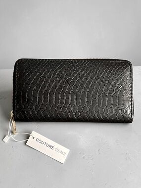 Couture Gems Black Croc-Embossed Zip Wallet